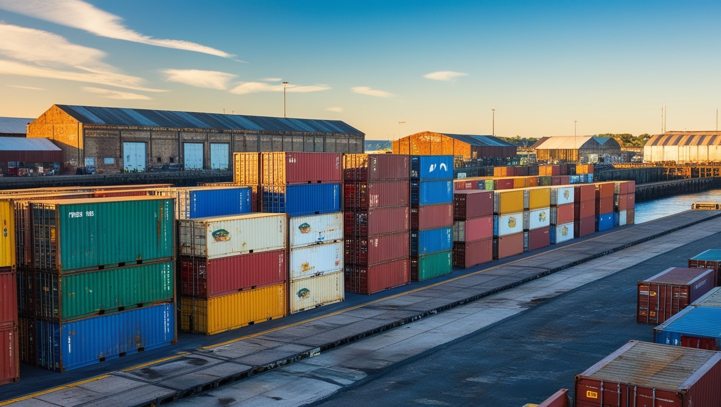 Stacked colorful shipping containers at a busy industrial port terminal.