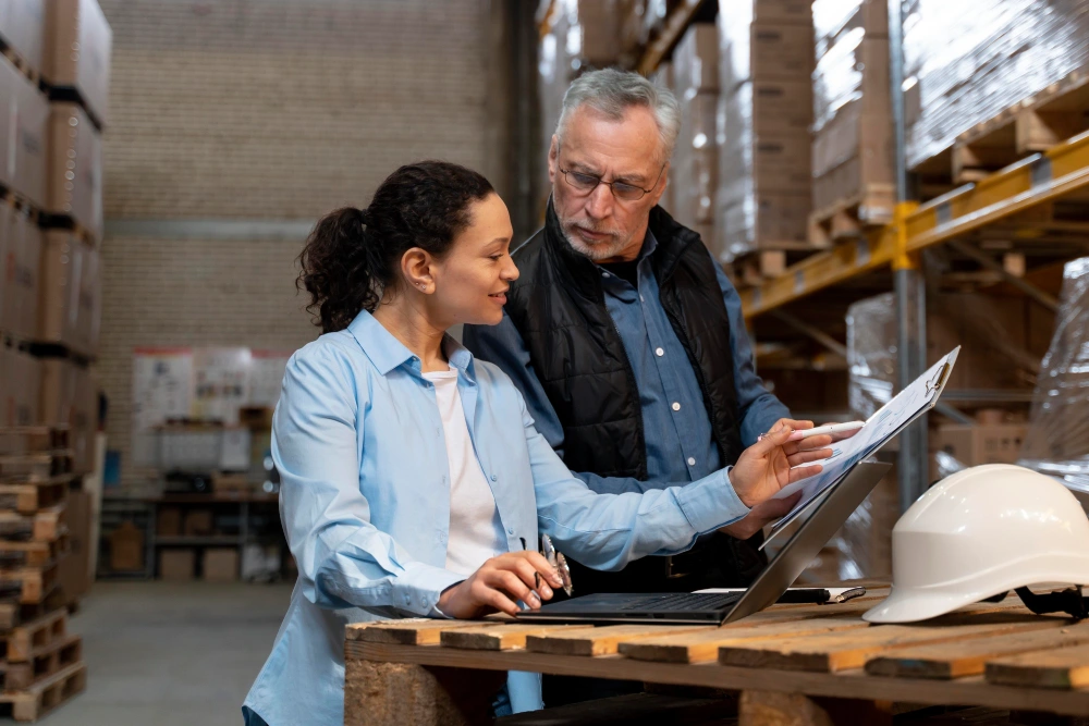 Warehouse workers reviewing documents on laptop surrounded by stacked pallets.