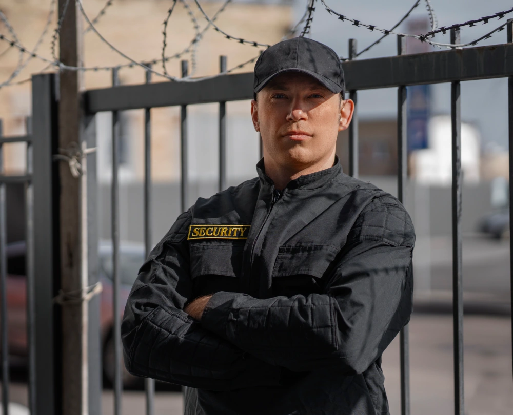 Security guard in uniform standing with arms crossed near barbed fence.